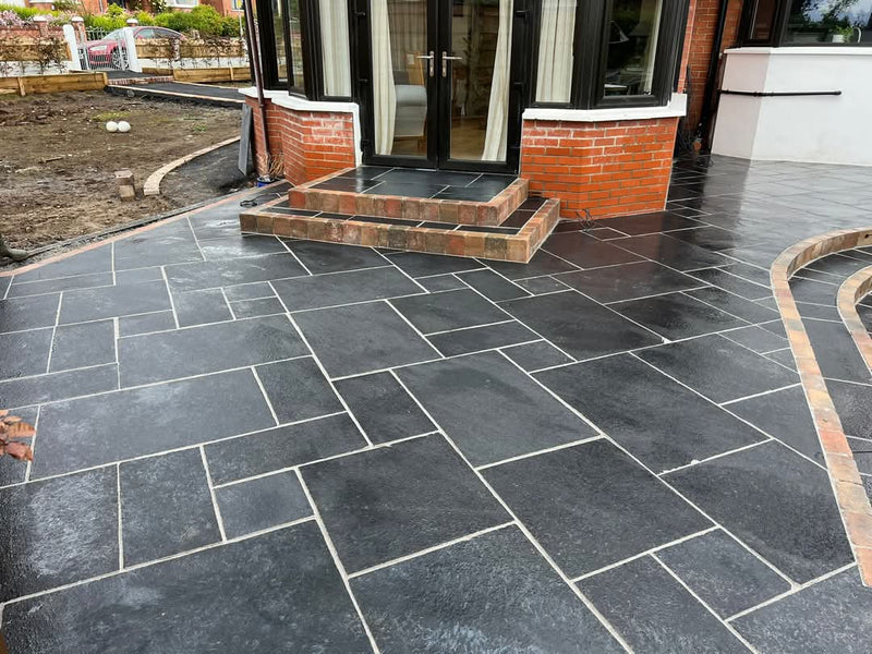 BLACK LIMESTONE HAND DRESSED PAVING SLABS 22MM FULL CRATE MIXED SIZE PATIO PACK - 17.5 SQUARE METERS